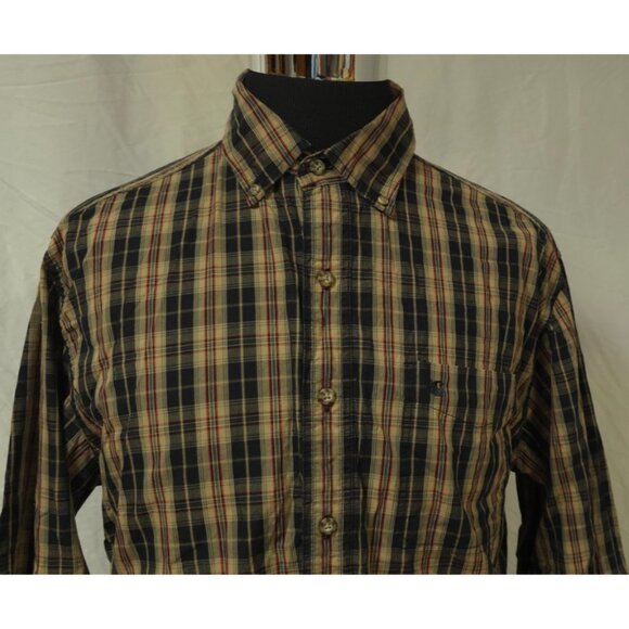 Carhartt Mens Large Black Tan Plaid Button Down Long Sleeve Logo Work Shirt S218 - Picture 3 of 12